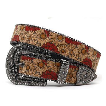 Flower Art Engraved Buckle with White Strap Rhinestone Belt