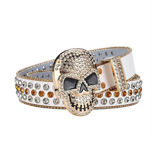 Skull Buckle White Strap with Crystal and Gold Studs Rhinestone Belt