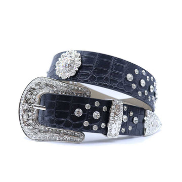 Engraved Buckle Flower Black Strap with Crystal Studs Rhinestone Belt