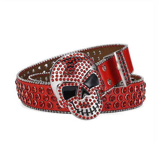 Skull Buckle Red Strap with Red Studs Rhinestone Belt