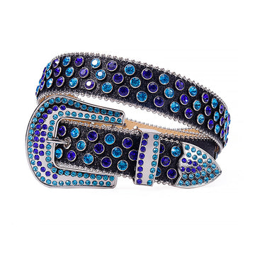 Blue and Purple Studs with Shiny Black Strap Rhinestone Belt