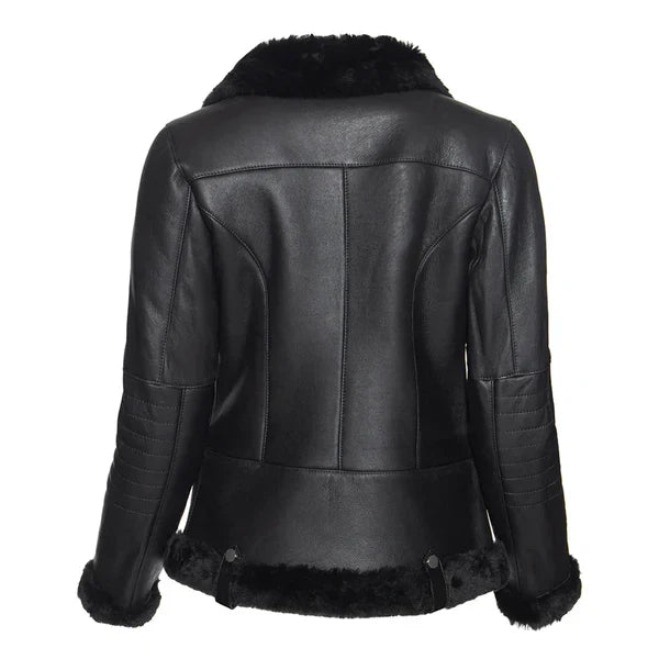Women's Spanish Merino Faux Shearling Black Leather Jacket-Women Shearling Jacket-Wayne Leather Jackets