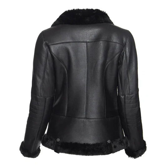 Women's Spanish Merino Faux Shearling Black Leather Jacket-Women Shearling Jacket-Wayne Leather Jackets