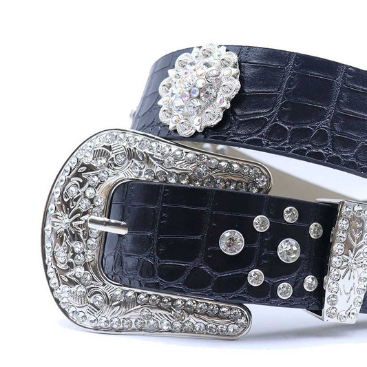Engraved Buckle Flower Black Strap with Crystal Studs Rhinestone Belt