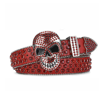 Skull Buckle Red Strap with Red Studs Rhinestone Belt