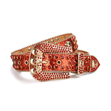 Skull Buckle Shiny Red Strap with Red Studs Rhinestone Belt