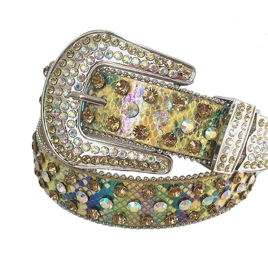 Multi Chromatic Rhinestones with Snake Texture Shiny Strap Rhinestone Belt