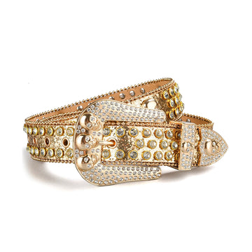 Skull Buckle Gold Strap with Crystal Studs Rhinestone Belt