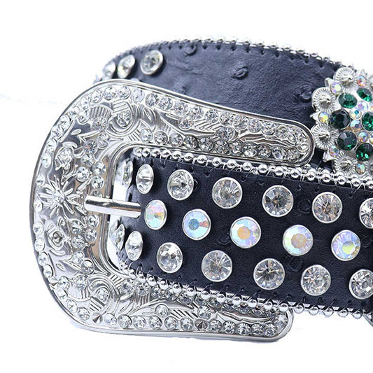 Engraved Buckle Flower Black Strap with Multi and Crystal Studs Rhinestone Belt