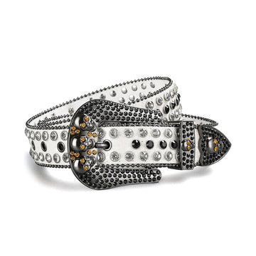 Skull Buckle White Strap with Crystal and Black Studs Rhinestone Belt