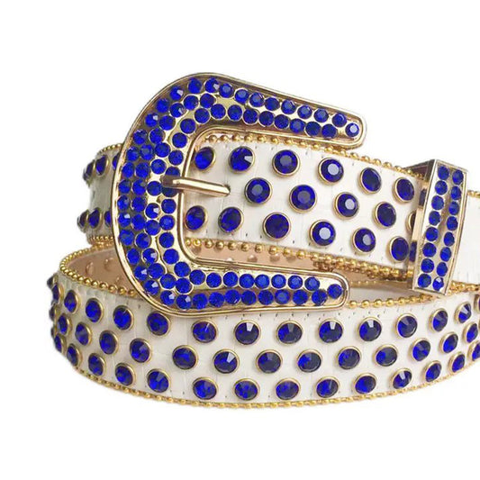 Blue Rhinestones with White Texture Strap Rhinestone Belt