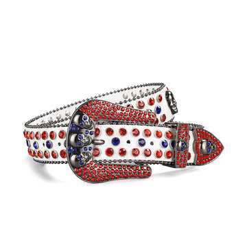 Skull Buckle White Strap with Red and Blue Studs Rhinestone Belt