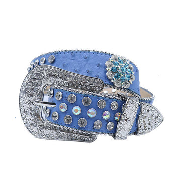 Engraved Buckle Flower Blue Strap with Multi and Crystal Studs Rhinestone Belt