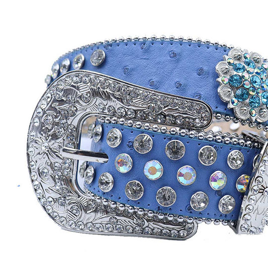 Engraved Buckle Flower Blue Strap with Multi and Crystal Studs Rhinestone Belt