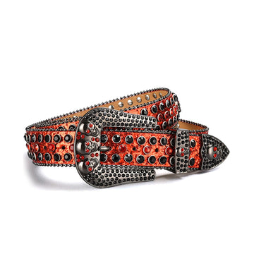 Skull Buckle Shiny Orange Strap with Orange and Black Studs Rhinestone Belt