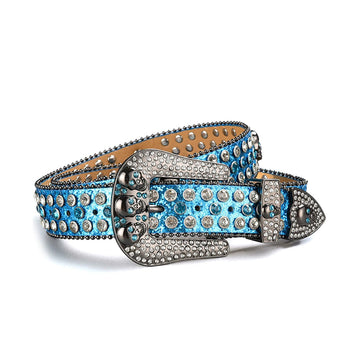Skull Buckle Shiny Blue Strap with Blue and Crystal Studs Rhinestone Belt