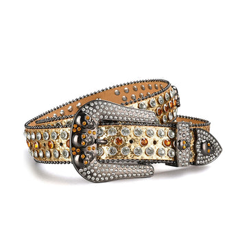Skull Buckle Gold Strap with Gold and Crystal Studs Rhinestone Belt