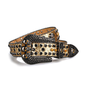 Skull Buckle Gold Strap with Gold and Black Studs Rhinestone Belt