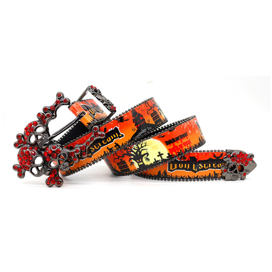 Halloween Skull Buckle with Red Studded Strap Rhinestone Belt