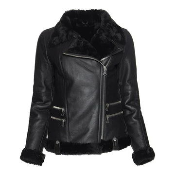 Women's Spanish Merino Faux Shearling Black Leather Jacket-Women Shearling Jacket-Wayne Leather Jackets