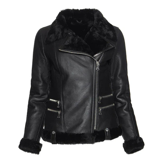 Women's Spanish Merino Faux Shearling Black Leather Jacket-Women Shearling Jacket-Wayne Leather Jackets
