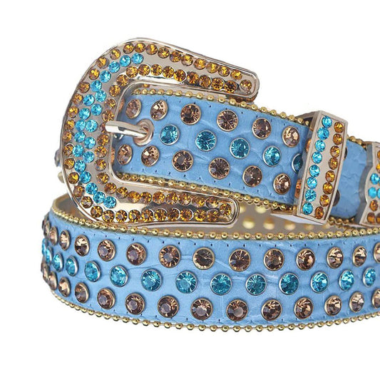 Blue and Gold Rhinestones with Blue Textured Strap Rhinestone Belt