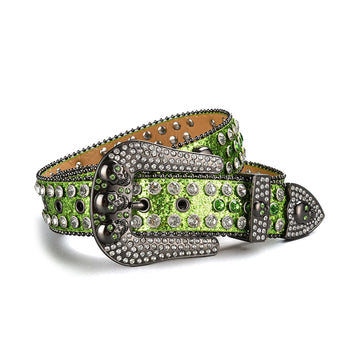 Skull Buckle Shiny Green Strap with Green and Crystal Studs Rhinestone Belt