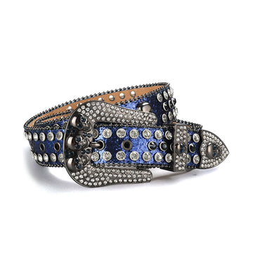 Skull Buckle Shiny Navy Strap with Navy and Crystal Studs Rhinestone Belt