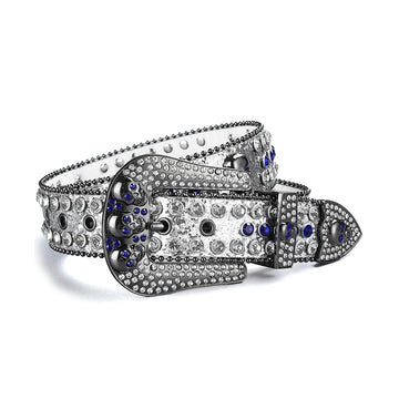 Skull Buckle Shiny Silver Strap with Blue and Crystal Studs Rhinestone Belt