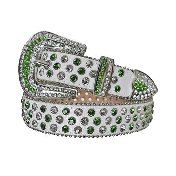 Green and Diamond Rhinestones with White Textured Strap Rhinestone Belt
