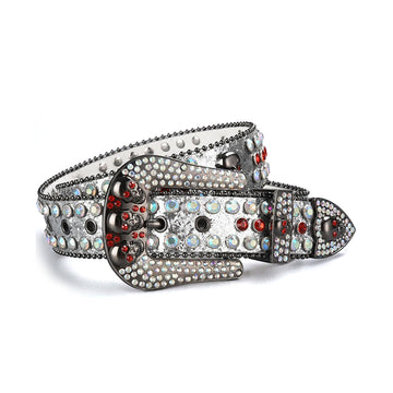 Skull Buckle Shiny Silver Strap with Multi and Red Studs Rhinestone Belt