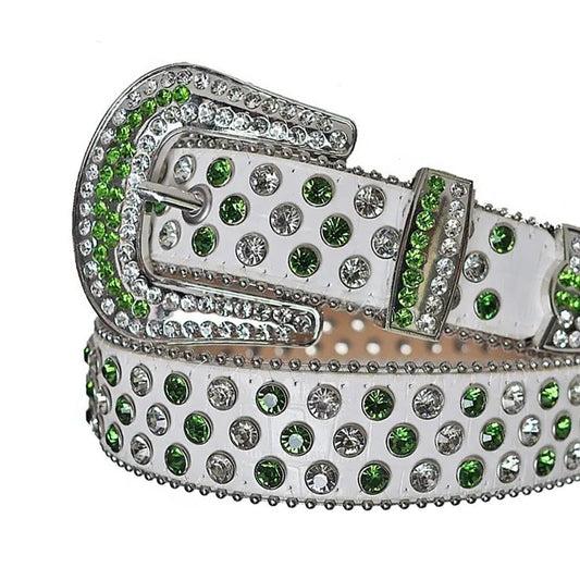 Green and Diamond Rhinestones with White Textured Strap Rhinestone Belt