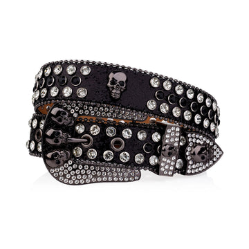 Skull Buckle Black Strap with Black and Crystal Studs Rhinestone Belt