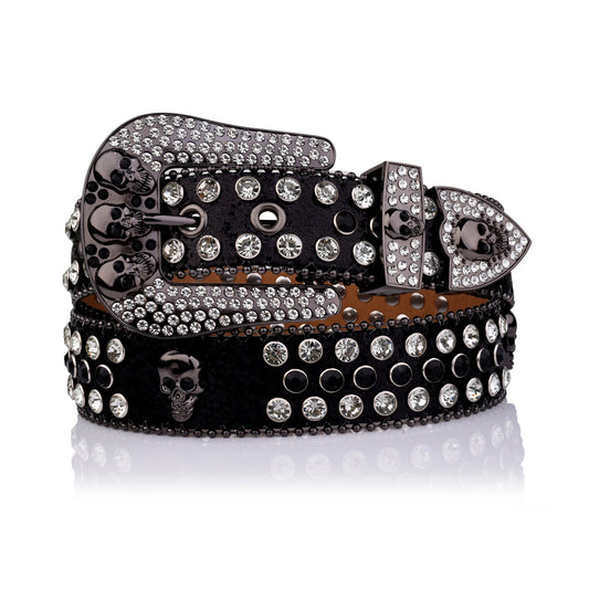 Skull Buckle Black Strap with Black and Crystal Studs Rhinestone Belt