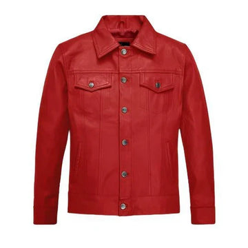 Men's Red Faux Trucker Leather Jacket
