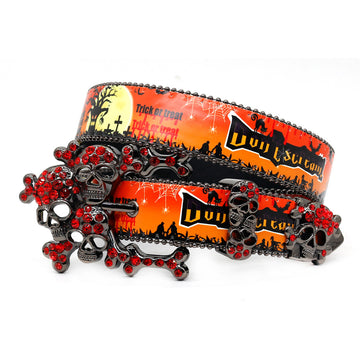 Halloween Skull Buckle with Red Studded Strap Rhinestone Belt