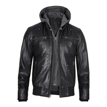 Men's Grey Hoodie Leather Jacket