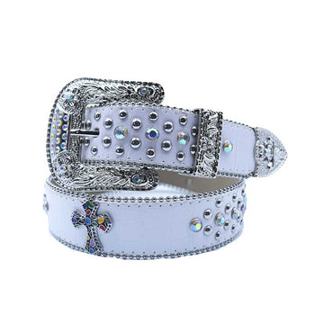 Engraved Buckle Cross White Strap with Multi and Metal Studs Rhinestone Belt