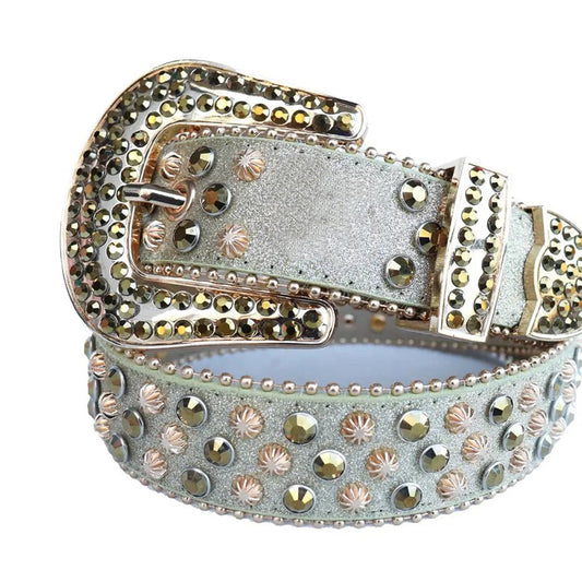 Chromatic Rhinestones and Copper Studs with Grey Strap Rhinestone Belt