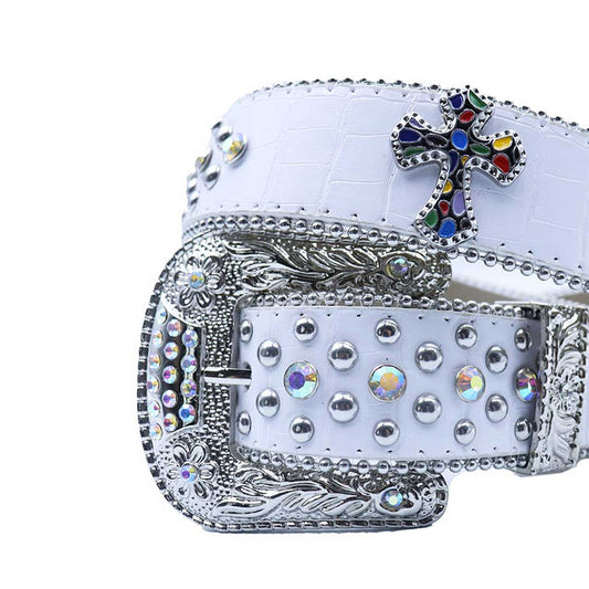 Engraved Buckle Cross White Strap with Multi and Metal Studs Rhinestone Belt