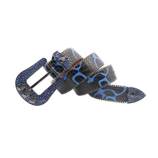Skull Buckle Black Strap with Blue Studs Rhinestone Belt