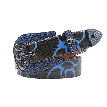 Skull Buckle Black Strap with Blue Studs Rhinestone Belt