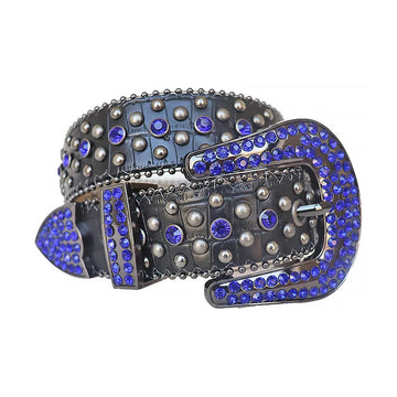 Blue Rhinestones with Silver Studs and Black Textured Strap Rhinestone Belt