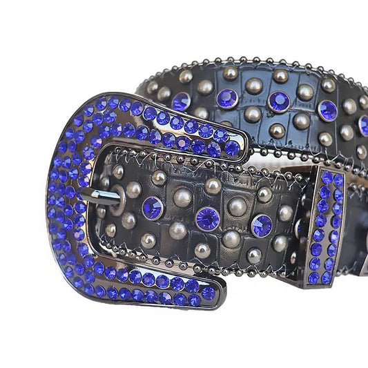 Blue Rhinestones with Silver Studs and Black Textured Strap Rhinestone Belt