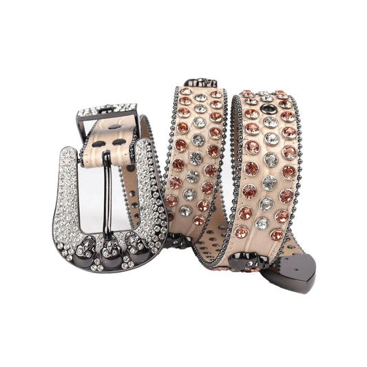 Skull Buckle Beige Strap with Brown and Crystal Studs Rhinestone Belt