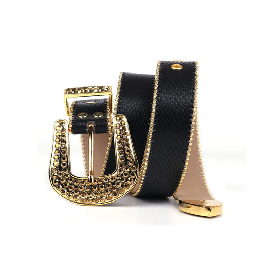 Black Strap with Gold Studs Rhinestone Belt
