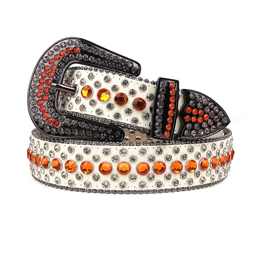 White Strap with Orange and Crystal Studs Rhinestone Belt