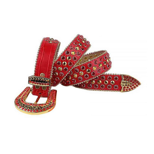 Red Strap with Red and Gold Studs Rhinestone Belt