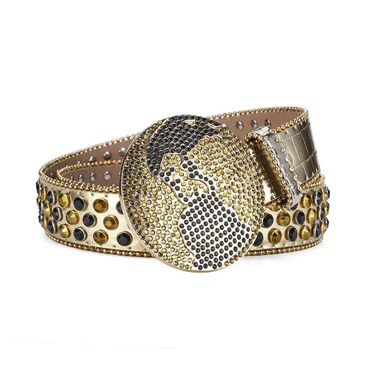 Globe Buckle with Gold and Black Studs Rhinestone Belt