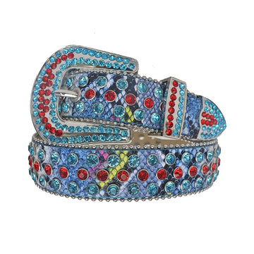 Red and Blue Rhinestones with Snake Texture Strap Rhinestone Belt
